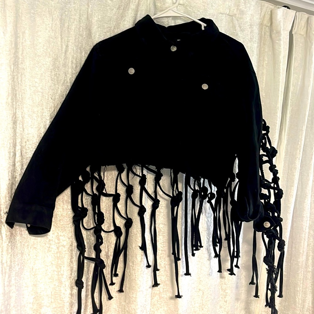 Black denim crop jacket with open detailed back